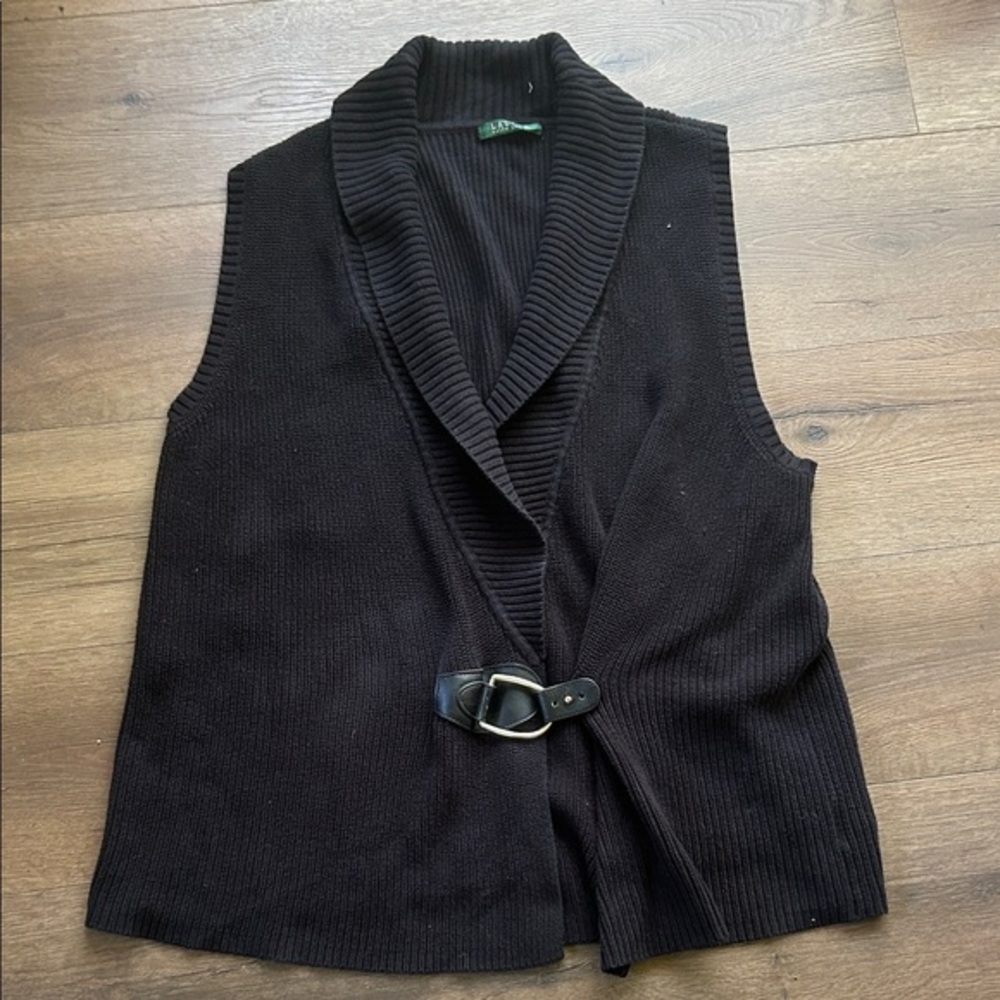Lauren Ralph Lauren Black Shawl Collar Knit Vest with Buckle Detail ! XL